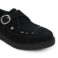 Szpiczaste, czarne, zamszowe buty na platformie z klamrą Monk