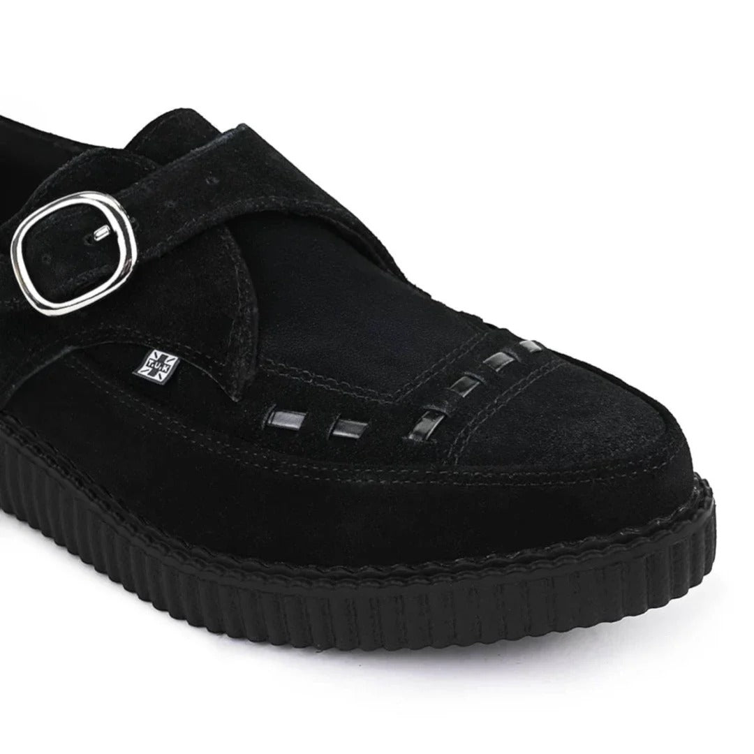 Szpiczaste, czarne, zamszowe buty na platformie z klamrą Monk