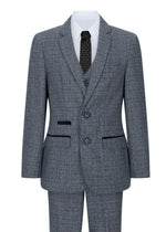 Boys 3 Piece Suit Navy Blue Tweed Check Vintage Retro Tailored Fit 1920s