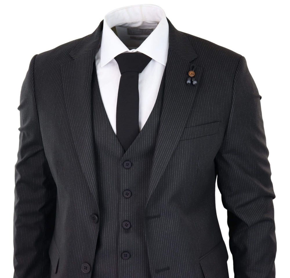 Black Pinstripe 3 Piece Suit - RC20-02