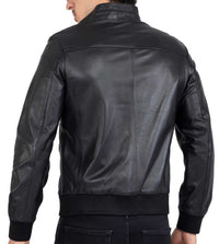 Real Lamb Leather Black Bomber Jacket for Men Regular Fit - B210