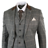 Mens Check Tweed 3 Piece Blue Navy Suit Vintage Retro Tailored Fit Prince Of Wales