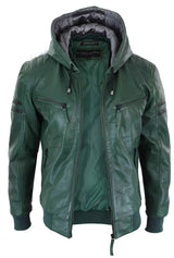 Men's Real Leather Bomber Jacket with Hood-Green