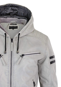 Men's Real Leather Bomber Jacket with Hood-White