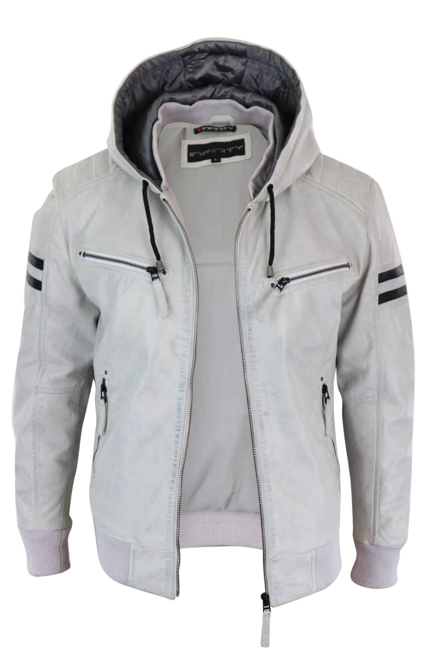 Men's Real Leather Bomber Jacket with Hood-White