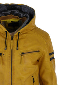 Men's Real Leather Bomber Jacket with Hood-Yellow