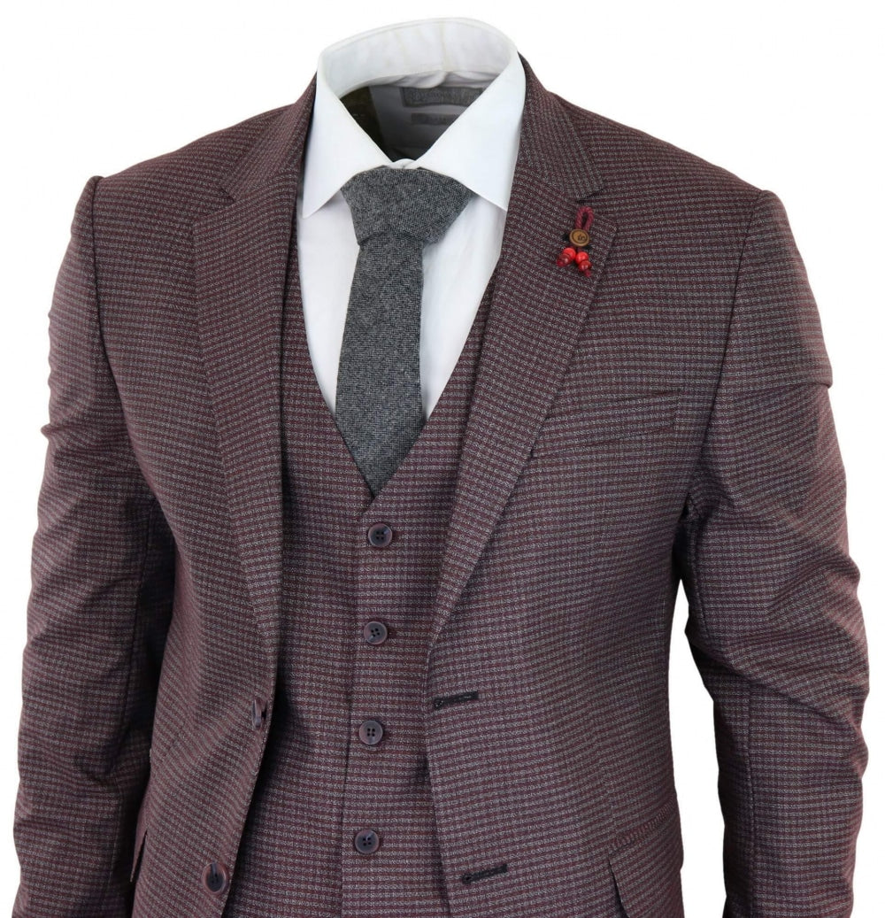 Burgundy-Grey Sheppard's Check 3 Piece Suit - RK20-10