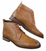 Mens Slip On & Laced Tan Brown Military Brouge Boots Smart Casual Leather Lined