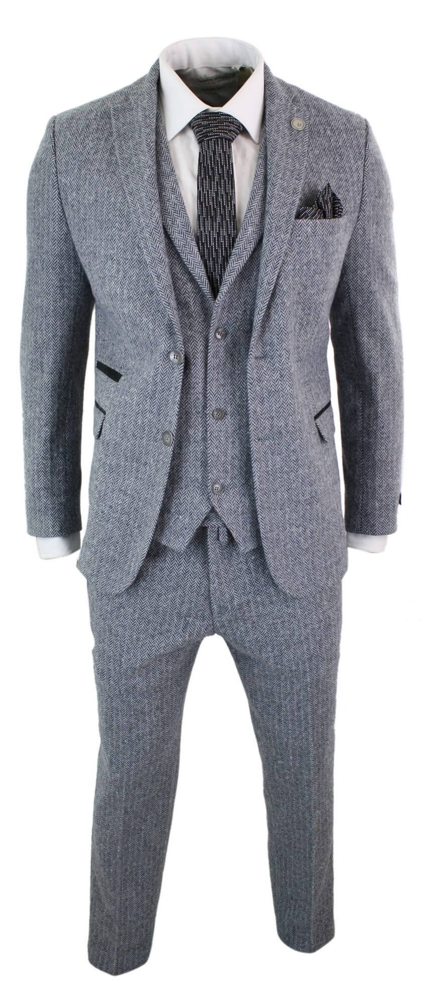 Men's Light Grey 3 Piece Tweed Herringbone Suit - STZ11