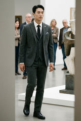 Męski, grafitowy, trzyczęściowy garnitur tweedowy w jodełkę – STZ11