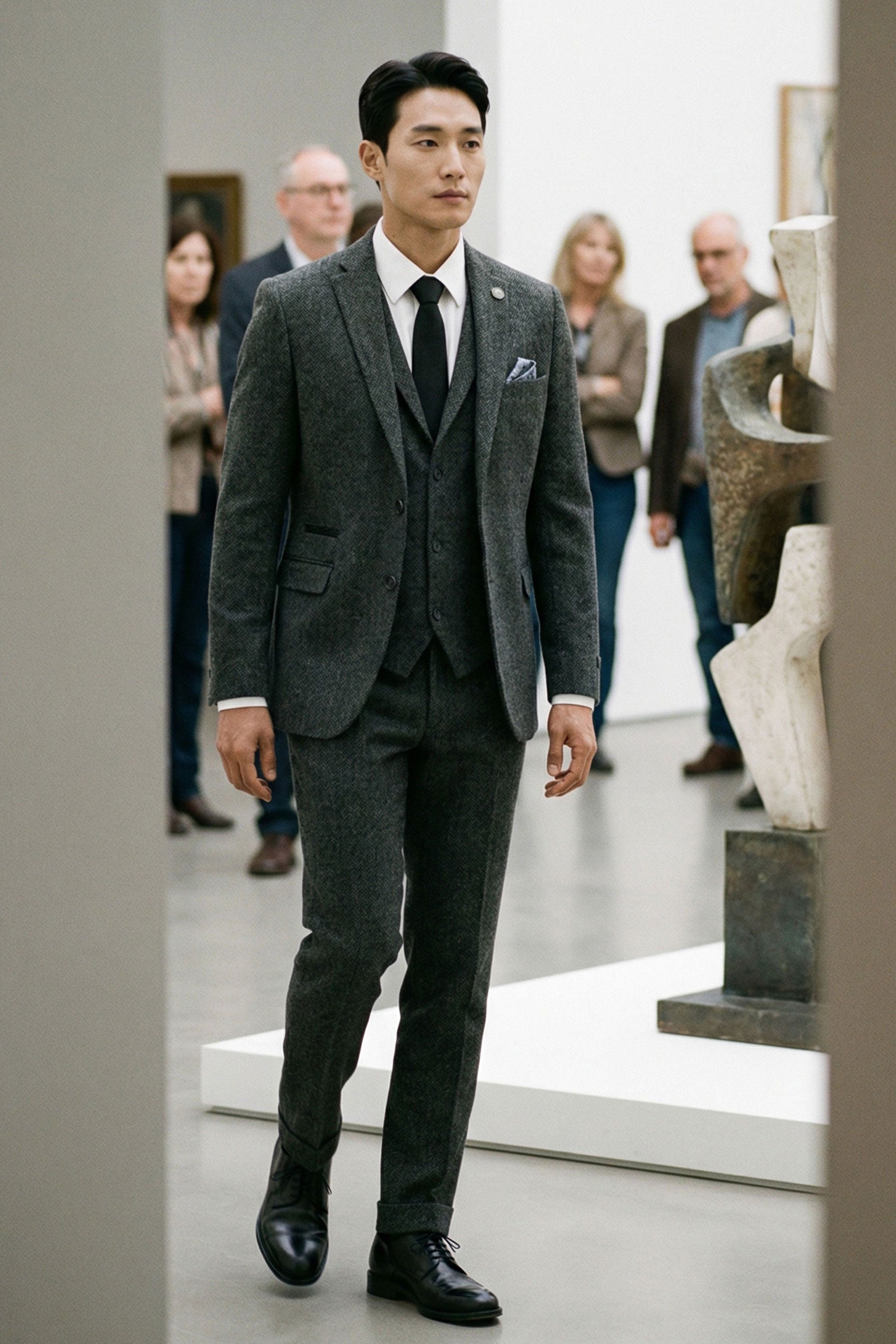 Męski, grafitowy, trzyczęściowy garnitur tweedowy w jodełkę – STZ11