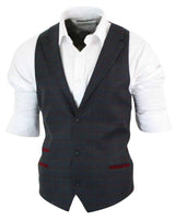 Mens Waistcoat Wool Olive Green with Red Blue Brown Check Tweed Classic Vintage Tailored Fit