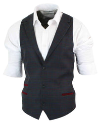 Mens Waistcoat Wool Olive Green with Red Blue Brown Check Tweed Classic Vintage Tailored Fit