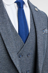 Męski 3-częściowy garnitur granatowy z dwurzędową kamizelką