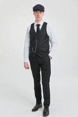 Męski czarny garnitur 3-częściowy w prążki