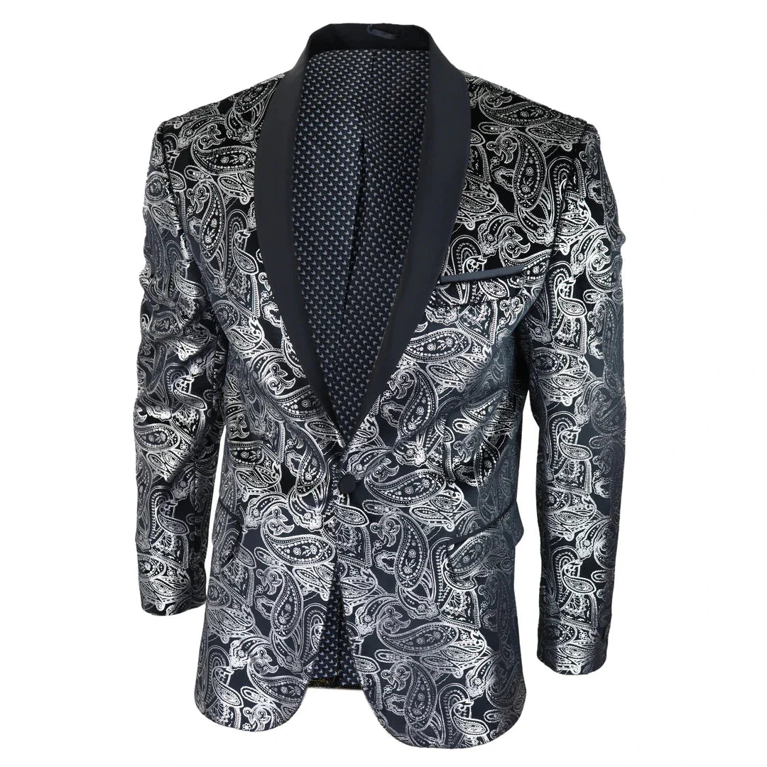 STZ64-65 - Men's Velvet Paisley Floral Blazer Silver Black Tuxedo Jacket