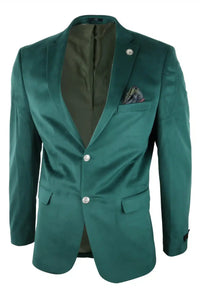 Mens Velvet Blazer Suit Jacket 2 Button Dinner Smart Casual Formal Tailored Fit - Green