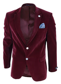 Mens Velvet Blazer Suit Jacket 2 Button Dinner Smart Casual Formal Tailored Fit - Wine