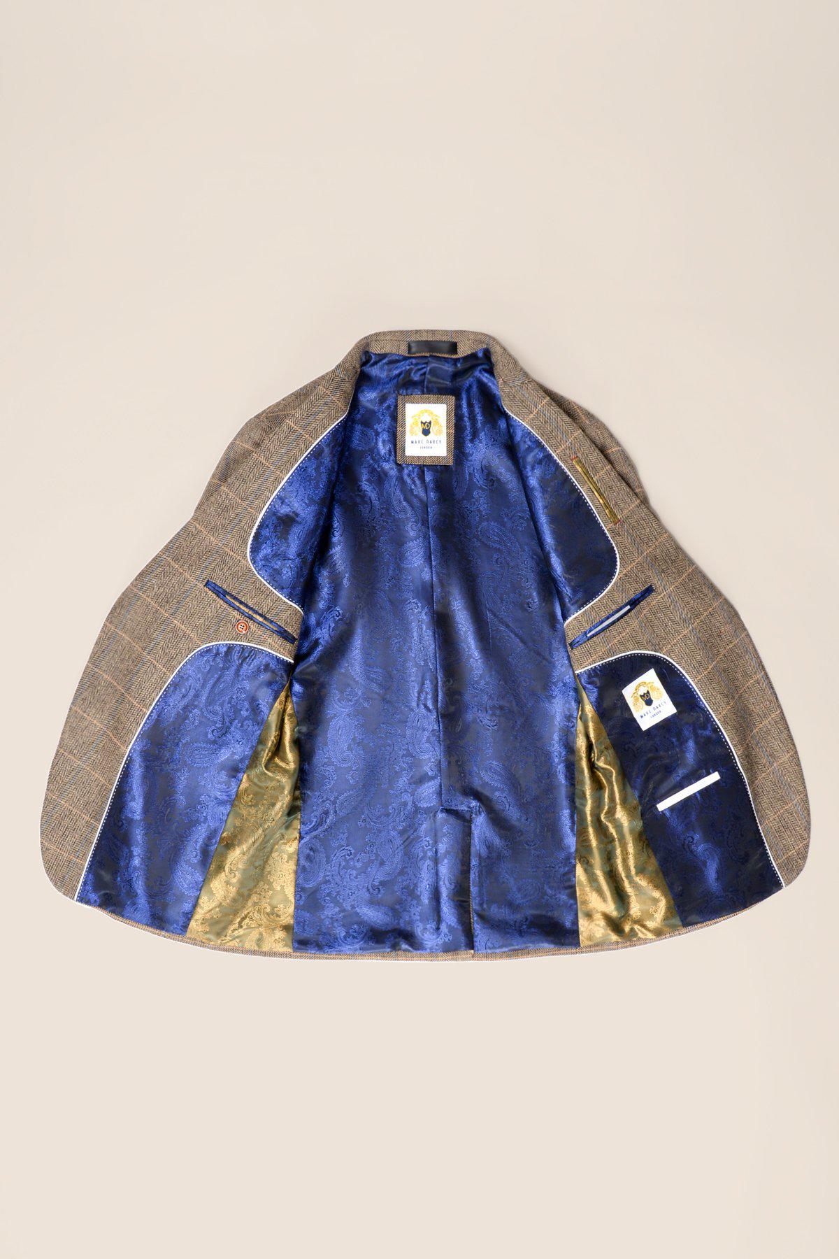 Męski 3-częściowy garnitur w jodełkę tweedowy w kolorze brązowym w kratkę, dopasowany krój, podwójny klasyczny