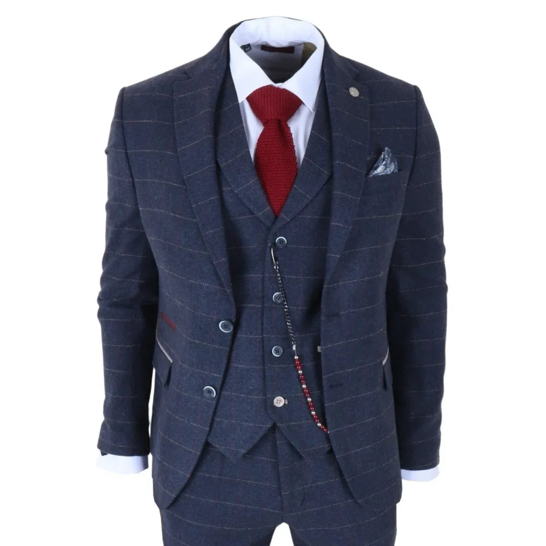 TP-32 - Granatowy, trzyczęściowy garnitur męski w stylu Gatsby z mieszanki wełny i tweedu