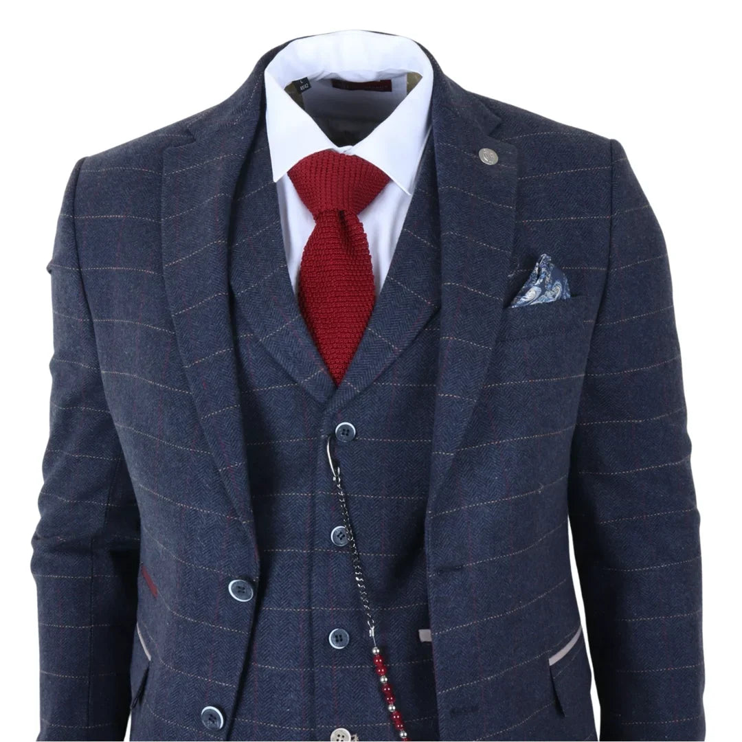 TP-32 - Granatowy, trzyczęściowy garnitur męski w stylu Gatsby z mieszanki wełny i tweedu