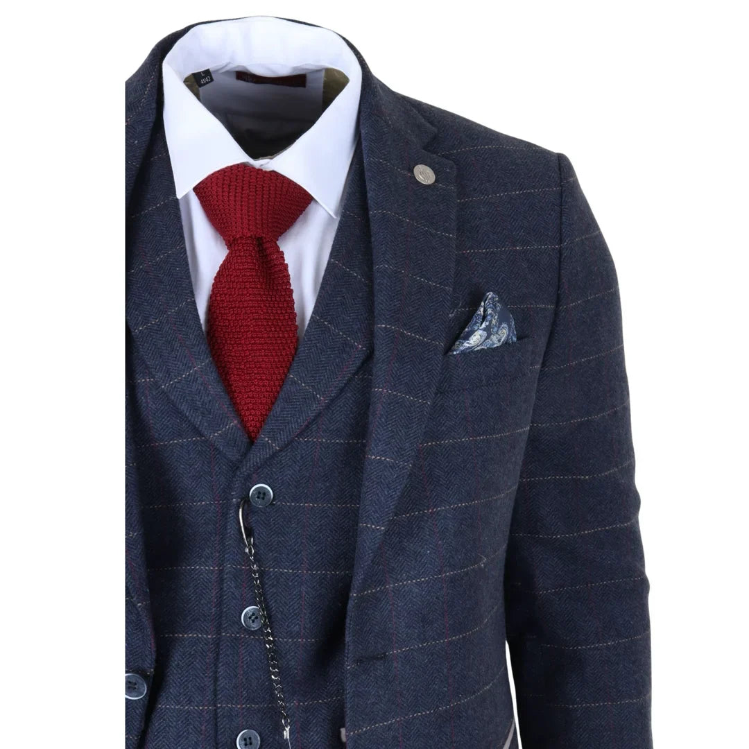 TP-32 - Granatowy, trzyczęściowy garnitur męski w stylu Gatsby z mieszanki wełny i tweedu