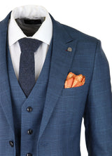Mens 3 Piece Prince Of Wales Check Suit Blue Classic Light Tailored Fit Modern