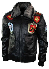 Mens Real Leather US Aviator Air Force Pilot Flying Bomber Jacket Black Fur Collar-Black